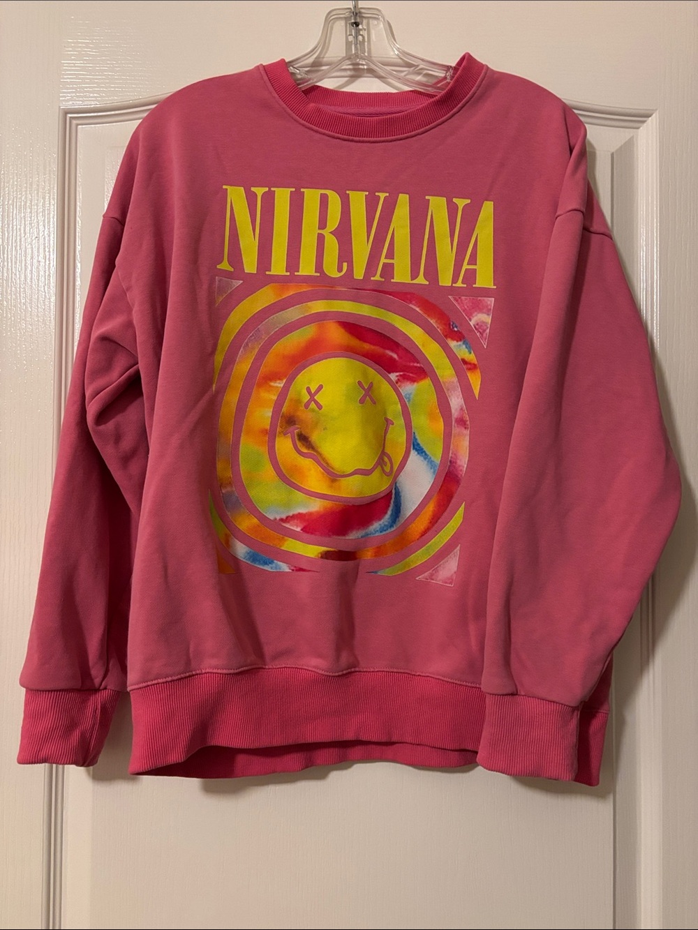 NIRVANA Pink Crewneck Sweatshirt with Tie-Dye Smiley Graphic